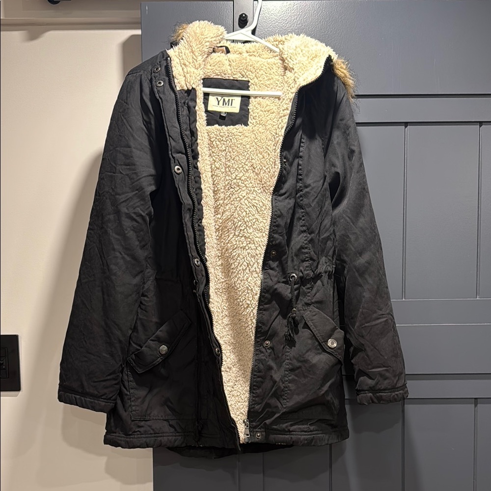 YMI Black Coat with Cream Faux Fur